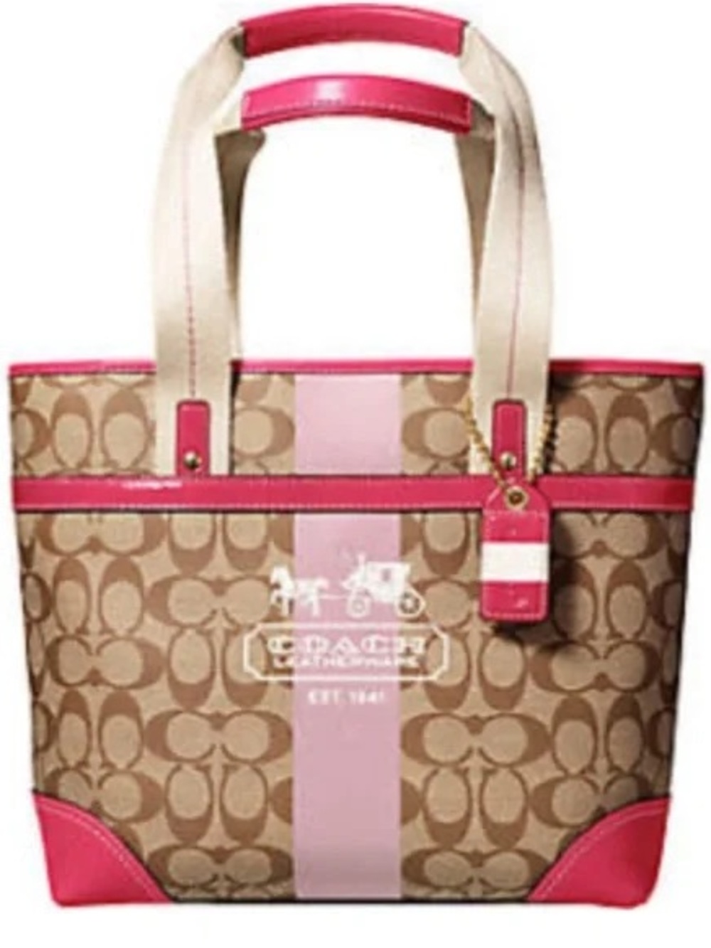 Coach Beige Signature Canvas Tote with Pink Trim